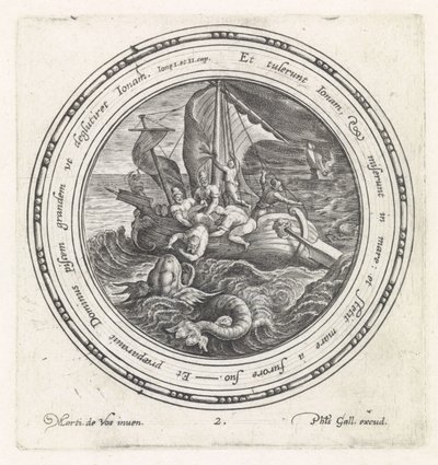 Jonah bliver smidt over bord af sømændene History of Jonas (serietitel) af Crispijn van de Passe (I)