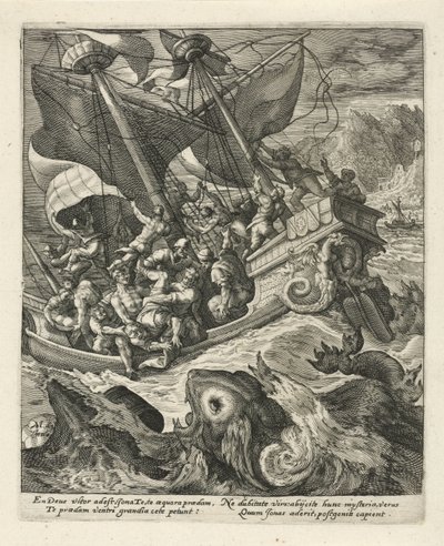 Jonah bliver smidt over bord af sømændene History of Jonas (serietitel) af Crispijn van de Passe (I)