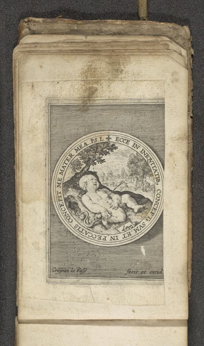 Putto med gennemboret hjerte Putti forestiller Guds ord (serietitel) Verbum Dei (serietitel) af Crispijn van de Passe (I)
