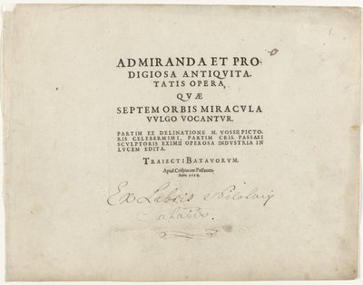 Titelblad van de serie met zeven wereldwonderen Titelblad met tekst in boekdruk: Antikkens vidunderlige og vidunderlige værker, som almindeligvis kaldes verdens syv vidundere, 1614 af Crispijn van de Passe (I)