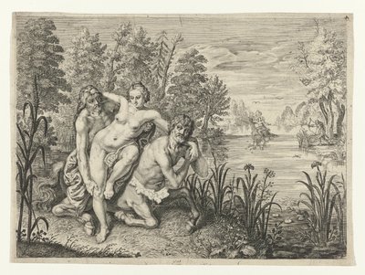 Nessus tager Deianira over floden Dianier of Nessus sat på tværs af strømmen (titel på objekt) Metamorphoses of Ovid (serietitel) af Crispijn van de Passe (II) (possibly)