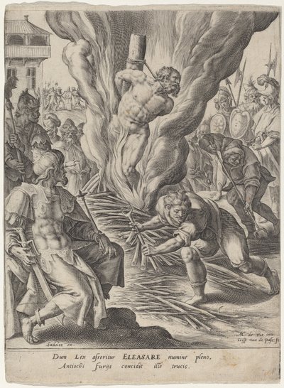 Eleazar brændt af Antiochus af Crispijn van de Passe I after Maarten de Vos