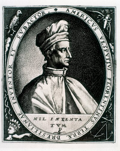 Portræt af Amerigo Vespucci, inskription "Americus Vesputius Florentinus Opfinder af det brasilianske land" (gravering) af Crispin I de (after) Passe