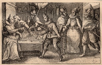 En backgammon-fest med spadserende spillere - hollandsk kobberpladegravering; fra et sæt tryk, Hortus Voluptatem, af Crispin de Passe (1550-1643) - Et par, der spiller backgammon overrasket af fem mænds masker, gravering af Crispin de Passe l