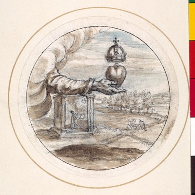 En hånd, der støtter et hjerte med en kejserlig krone (pen & brunt blæk med brun & grå vask på papir) af Crispin I de Passe