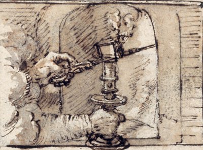 Et par hænder, der udsender fra skyen, snus et lys i en lysestage (pen & brunt blæk med brun vask på papiret) af Crispin I de Passe