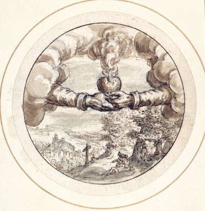 Hænder, der holder et flammende hjerte og kejserkrone med udsigt til Circus Maximus (pen og brunt blæk med brun vask på papir) af Crispin I de Passe