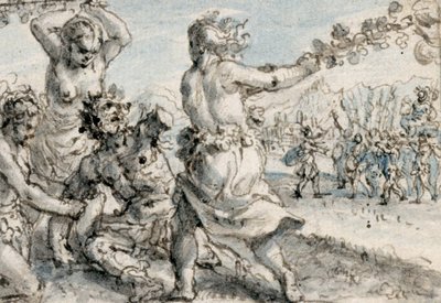 Maenads, der slår Pentheus, tidligt i det 17. århundrede (pen og brunt blæk med brune, blå og grå vaske) af Crispin I de Passe