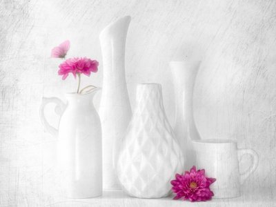 Lyserøde blomster i hvide vaser af Cristiano Giani