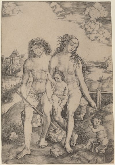 Adam og Eva med spædbørnene Kain og Abel af Cristofano Robetta