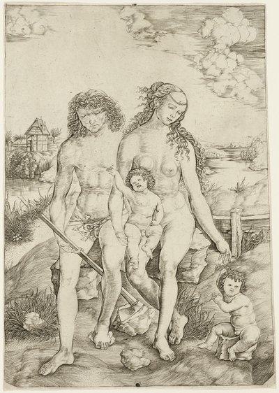 Adam og Eva med spædbørnene Kain og Abel af Cristofano Robetta