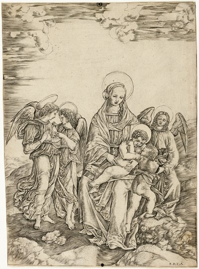 Jomfruen og barnet med Sankt Johannes og tre engle af Cristofano Robetta