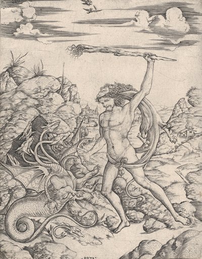 Hercules og Hydraen, med en fakkel, angriber han den bevingede, flerhovedede Hydr..., ca. 1500-1520. af Cristofano di Michele Martini