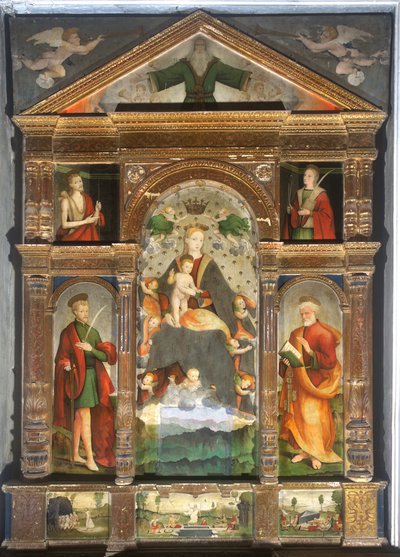 Kronet Madonna og barn med engle, Sankt Paul, Sankt Peter af Cristoforo (fl.1525-1578) & Pancalino Raffaele (fl.1514-1573) Pancalino