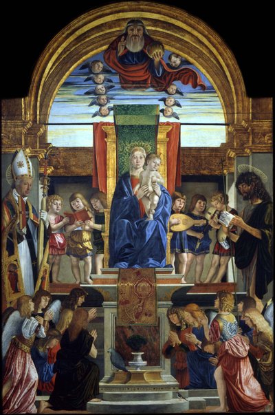 Jomfruen og barnet på tronen hos Gud Faderen og de hellige Hilarius og Johannes Døberen, 1499 af Cristoforo Caselli