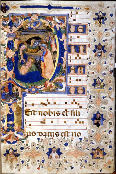 1400-tals kor med en miniatureret "P"" letrine, der repræsenterer fødselaren af Cristoforo Cortese. Begyndelsen af det 15. århundrede. af Cristoforo Cortese