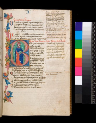 Ms 325. Lucan, Bellum Civile, og andre værker, f.10r. Oplyst initial [B], beboet af et forfatterportræt i fuld længde, der strækker sig ind i en delvis løvkant, ca. 1400-10 (pergament) af Cristoforo Cortese