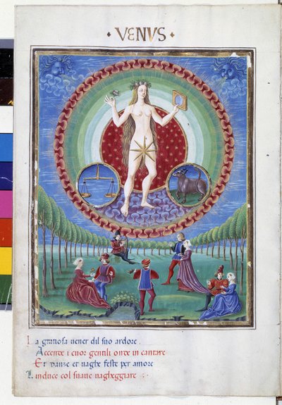 Kom med stjernetegnene balance og tyr. Nedenunder, de galante scener. Miniature lavet af Cristoforo de Predis (v. 1440-v. 1486) - i “” De Sphaera””” d