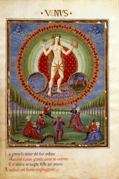 Kom med stjernetegnene balance og tyr. De galante scener (miniature, ca. 1470) af Cristoforo De Predis