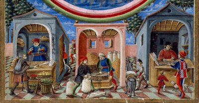 Detalje af købmænd, der sælger forskellige genstande: til venstre en købmand med frugt og grøntsager, i midten en møller, der støber korn (miniature, ca. 1470) af Cristoforo De Predis