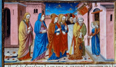 Belysning, der forestiller Maria modtaget af templets jomfruer, i Codex De Predis (c.15v) af Cristoforo De Predis