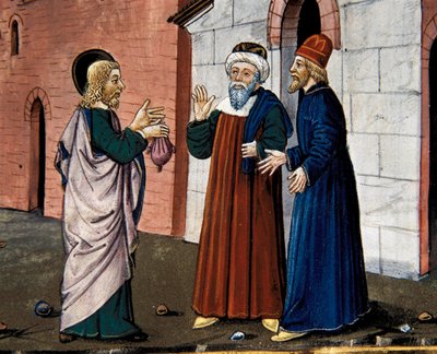 Judas går til præsten og bekender sit forræderi mod Kristus, fra Leggendario Sforza-Savoia af Cristoforo De Predis