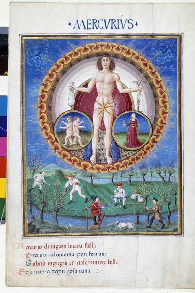 Merkur med tegn på Jomfruens og Gemels stjernetegn. Nedenunder arbejder bønder på markerne. Miniature lavet af Cristoforo de Predis (v. 1440-v. 1486) - i “” De Sphaera””” d