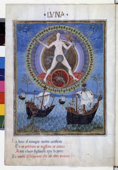 Månen med kræftens stjernetegn. Nedenunder, både under den stigende hoppe. Miniature lavet af Cristoforo de Predis (v. 1440-v. 1486) - i “” De Sphaera””” d