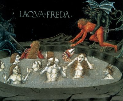 Repræsentation af en cirkel af underverden: damnes i koldt vand. Miniature af Cristoforo De Predis (1440-1486) fra Det Nye Testamentes historie af Cristoforo De Predis