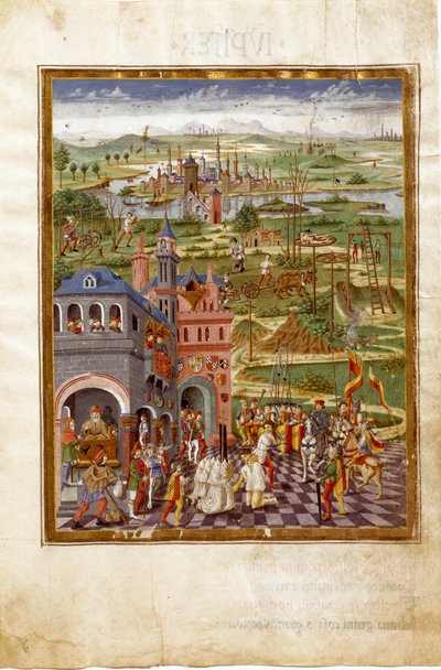 Scene med tortur og domme i en middelalderby. Saturns indflydelse (miniature, ca. 1470) af Cristoforo De Predis