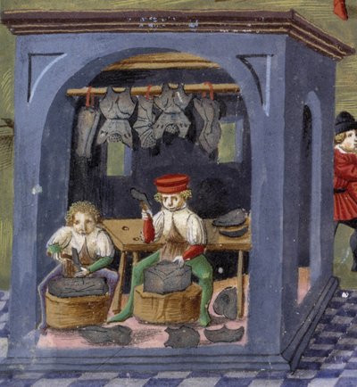 en våbensmed i "" Månens indflydelse "": håndværkerne. Miniature lavet af Cristoforo de Predis (v. 1440-v. 1486) - i “” De Sphaera””” d