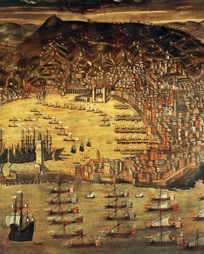Udsigt over Genova og dens havn, Maleri af Cristoforo Grassi (1565-1598), Italien af Cristoforo de Grassi