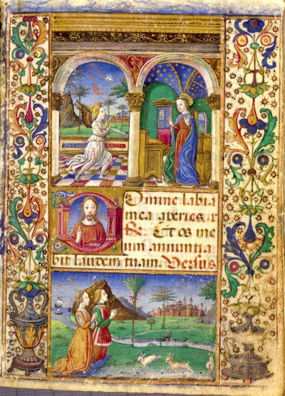 Bebudelse, Borromeos tidebog, med Giovanni III Borromeo og hans kone Cleofa Pio da Carpi i bøn. af Cristoforo De Predis