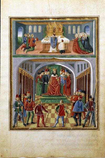 Solens indflydelse: timelige kræfter (konge før sine hofmænd) og åndelige kræfter (præst, der tjener i en kirke). (miniature, ca. 1470) af Cristoforo De Predis