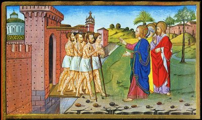 Jesus og de spedalske. Miniature af Cristoforo af Predis - i Historia af det nye testamente af Cristoforo De Predis