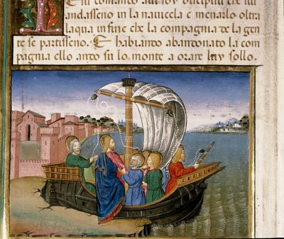 Jesus beder apostlene om at tage med båd til Capharneum, mens han går for at bede på miniaturebjerget Cristoforo De Predis (1440-1486) efter Det Nye Testamentes historie af Cristoforo De Predis