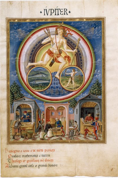 Jupiter med stjernetegn på fisk og Skytten. Forhandlere, der sælger forskellige varer. (miniature, ca. 1470) af Cristoforo De Predis