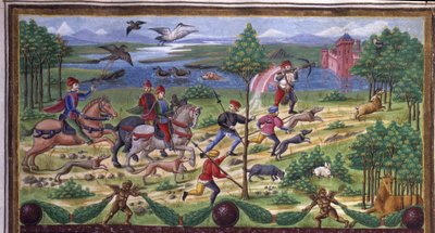 Jagtdetalje i "" Indflydelse af marts "": jagt og hof. Miniature lavet af Cristoforo de Predis (ca. 1440-c. 1486) - i “” De Sphaera ”” ”d