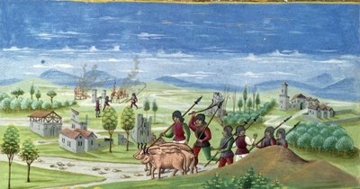Plyndring under krigen. detalje af "" Sun Influence "": The War. Miniature lavet af Cristoforo de Predis (v. 1440-v. 1486) - i “” De Sphaera””” d