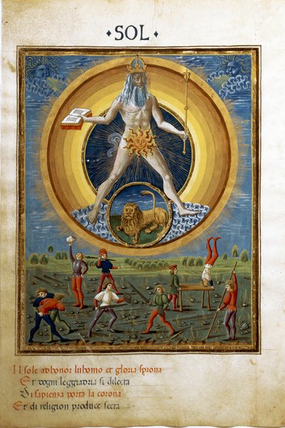 Sol med løvens stjernetegn. Scener af mænds fysiske øvelser. (miniature, ca. 1470) af Cristoforo De Predis
