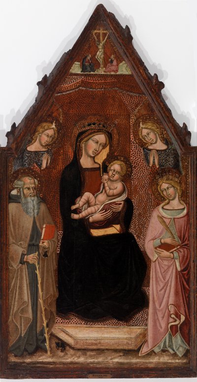 Jomfru og barn med to engle og hellige Anthony Abbed og Catherine af Alexandria og korsfæstelsen af Cristoforo di Bindoccio, Meo