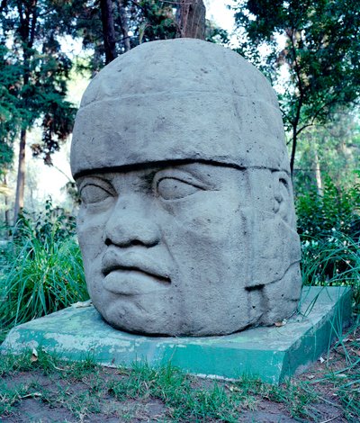 Før colombiansk civilisation: kolossalt Olmec-hoved. 10.-7. århundrede f.Kr. Mexico. Park Musee de La Vente af Culture Olmec