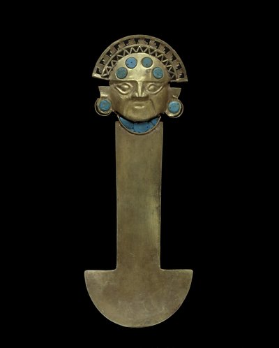 Tumi Knife, 800-1375 AD (hamret, jaget og filigreret guld med turkis indlæg) af Culture Sicán