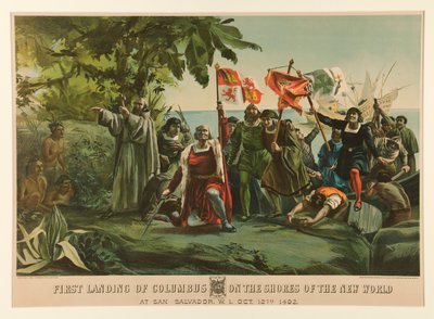 Første landing af Columbus på kysterne af den nye verden af Currier and Ives