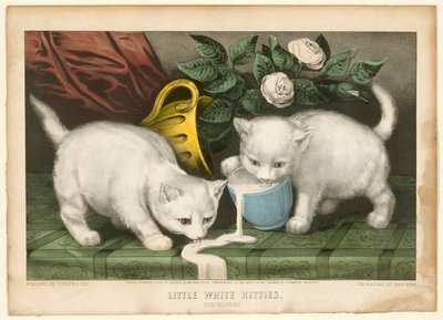 Små hvide kattekillinger i galskab af Currier and Ives