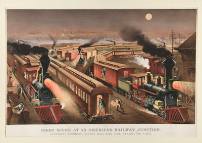Natscene ved et amerikansk jernbanekryds af Currier and Ives