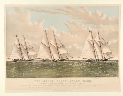 The Great Ocean Yacht Race mellem Henrietta, Fleetwing og Vesta af Currier and Ives