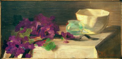 Stilleben med anemoner, glasvase og porcelænsskål af Curt Herrmann