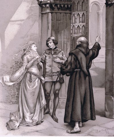 Indtast broder Laurence og Romeo, illustration fra Romeo og Julie, af Curtazzo Curtazzo
