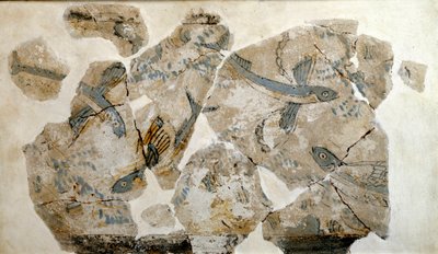 Kykladisk kunst: fragment af freskomaleri, der forestiller flyvefisk (havssvaler). fra stedet for Phylakopi (øen Melos) 2500 f.Kr. Dim. 23 cm Athen, nationalt arkæologisk museum - kykladisk kunst: fragmenter af en fresco, der forestiller flyvende fisk (ter af Cycladic
